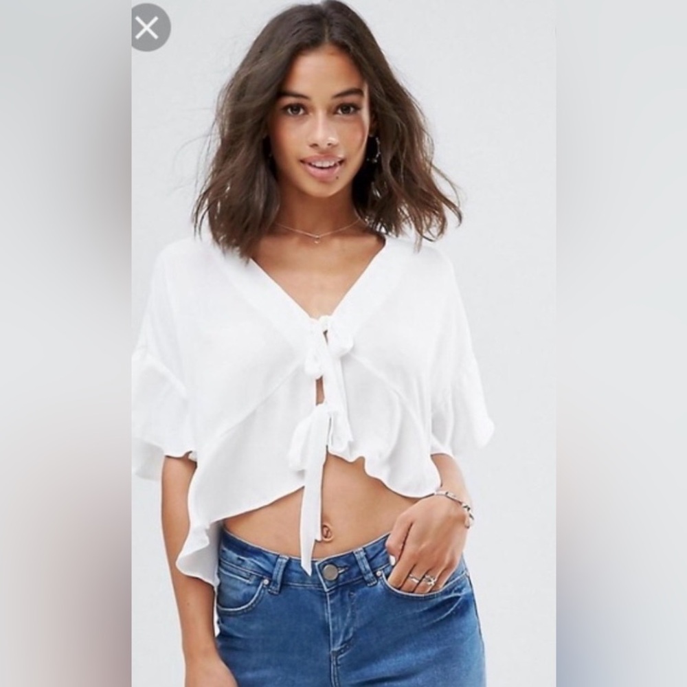 ASOS CATCH LONDON WHITE RIBBED TIE FRONT L/S BLOUSE SIZE M
